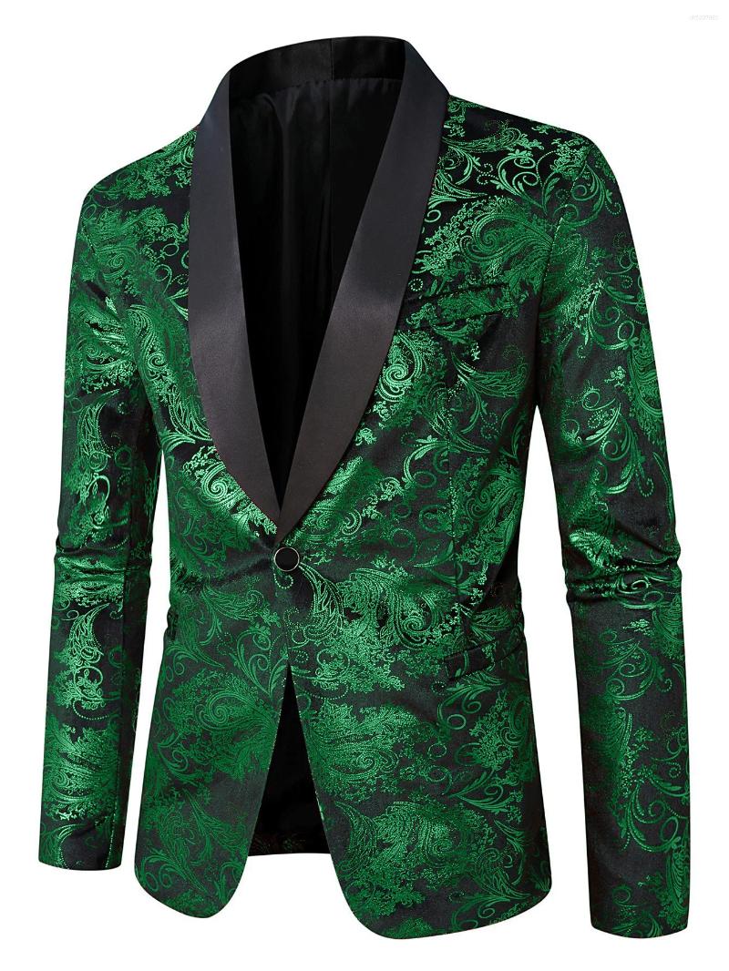 High Quality Men's Spring Autumn Suit Jacket Fashion Blazer Black Collar Purple Print One Button Wedding Party Wear