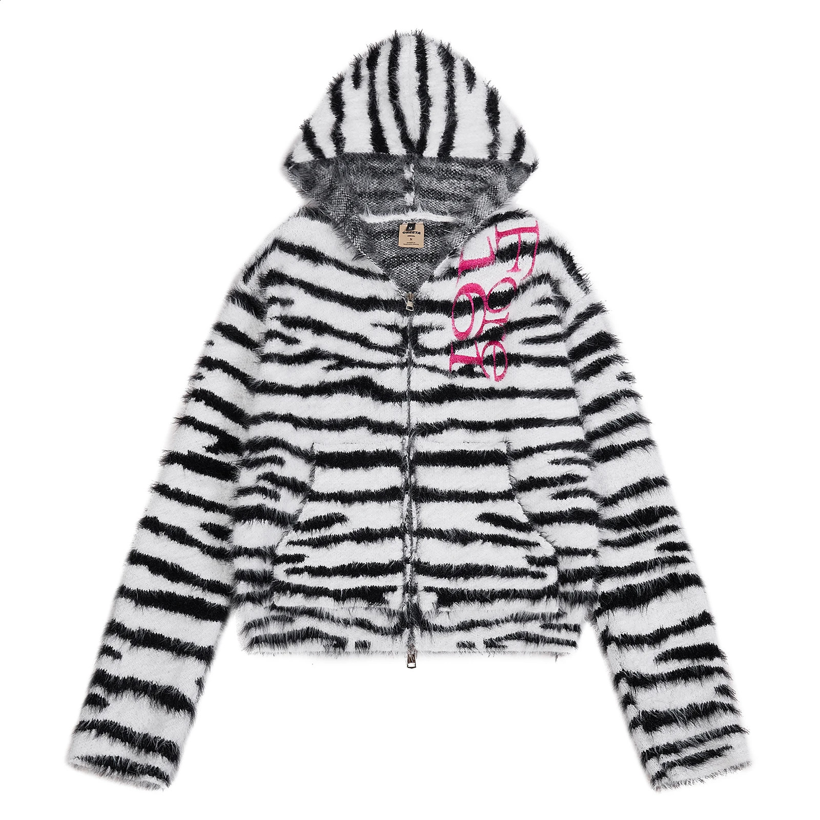Zebra Print Black White Striped Zip Up Jacket Mens Sherpa Faux Fur Coat Hooded Fleece Full Zipper Cardigan Cropped Streetwear 260918
