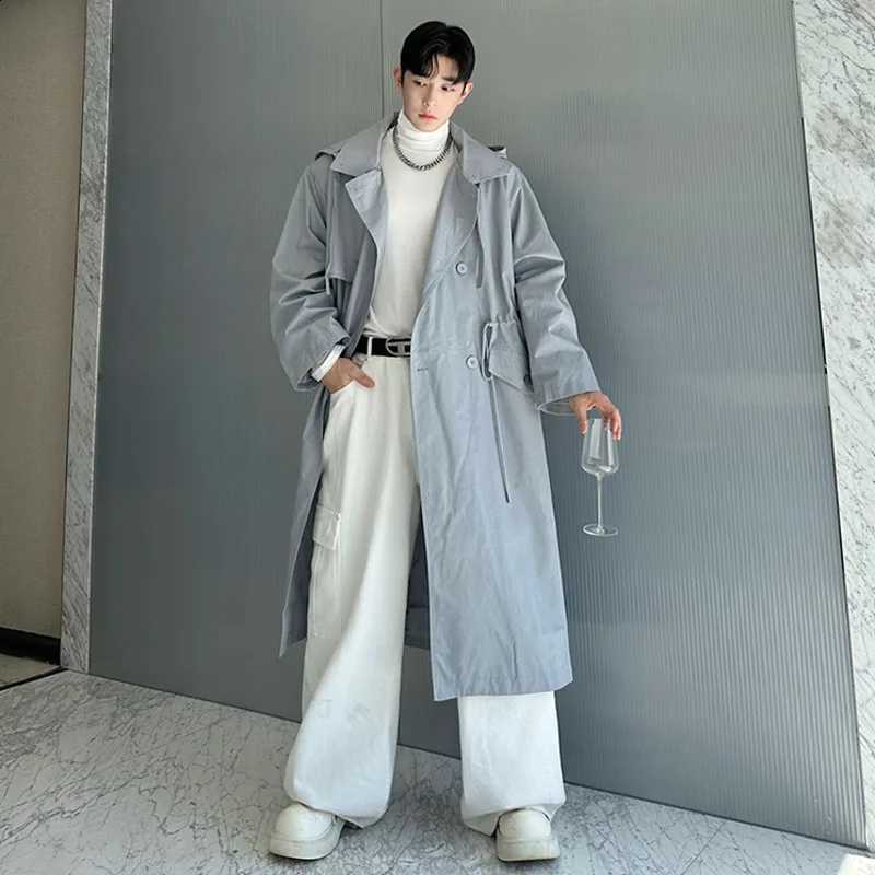Niche Design Men's Trench IEFB Coats Lapel Detachable Hat Darwstring Solid Color Double Breasted Overknee Male Overcoats 9X1164 D2609021