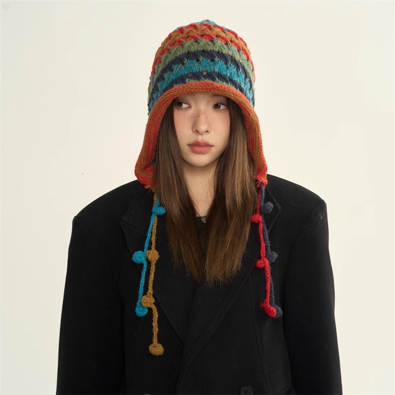 Korean Fashion Designer Handmade Crochet Colorful Ball Yarn Hat For Women Autumn Winter Tie Tassel Pullover Beanie