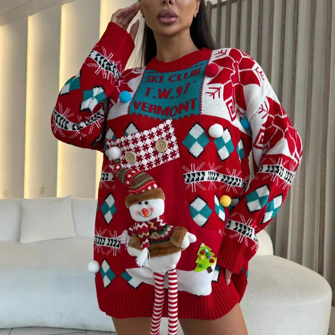 Vintage Autumn Winter Christmas Fashion Temperament Matching Sweater Jumper Loose Thick Red Knitted Pullovers Cozy Women Outwear 260918