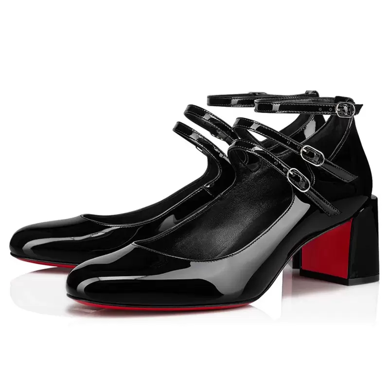 Fashion Women Red Bottoms Summer Pumps Sandals Vernica 55 mm Round Head Coarse Heel Double Ankle Strap Patent Leather Design Paris Lady Party High H