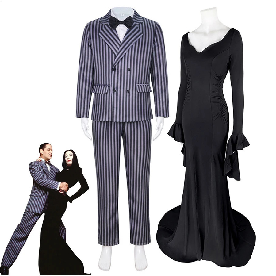 Morticia Addams Cosplay Costume Black Gothic Dress Sexy Dresses Gomez Addams Men Suit Uniform Halloween Party Costumes 260917