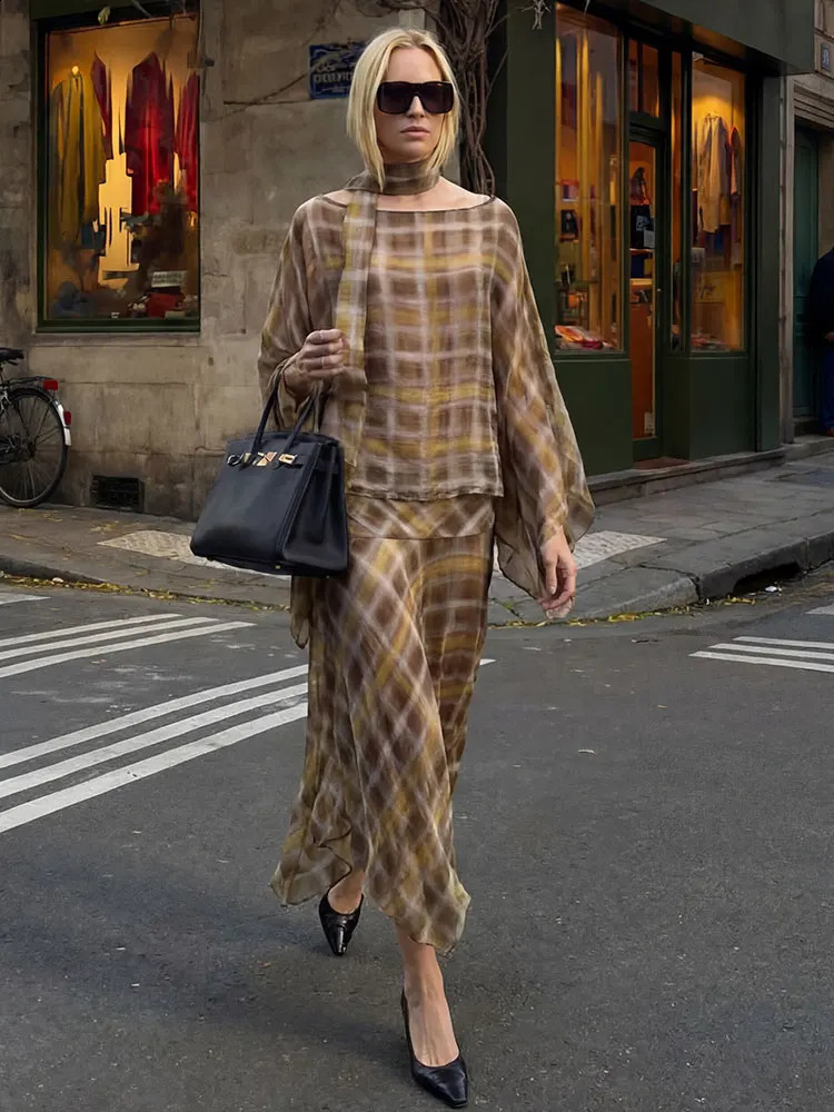 HH Women Fashion Plaid Skirts Suits Casual Loose Scarf Collar Cape Blouse Tops High Waist Midi Skirt 2026 Trend High Street Sets 260917