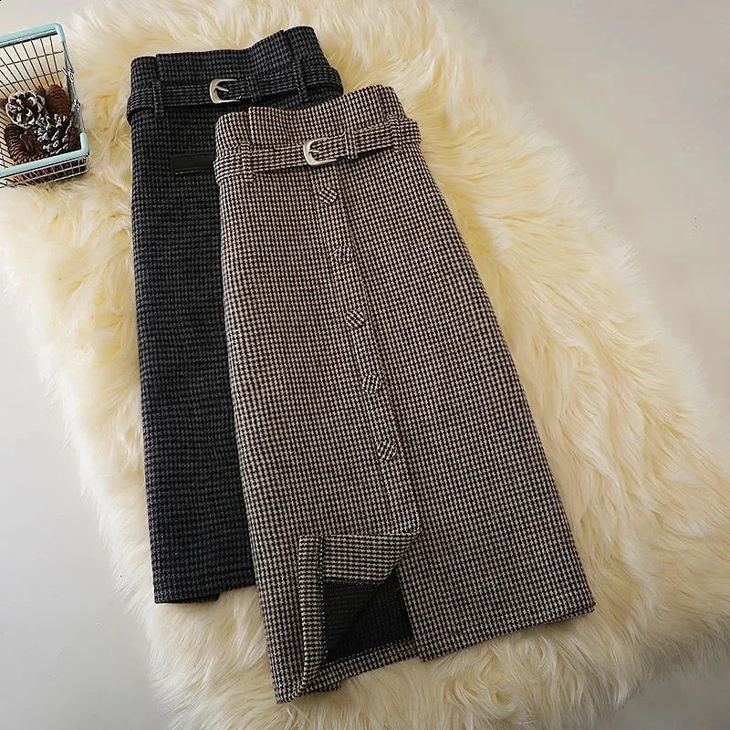 MEXZT Vintage Plaid Slit Midi Skirts Women Belt Houndstooth Woolen Knitted Split A Line Skirt Korean High Waist Slim Skirt 260917