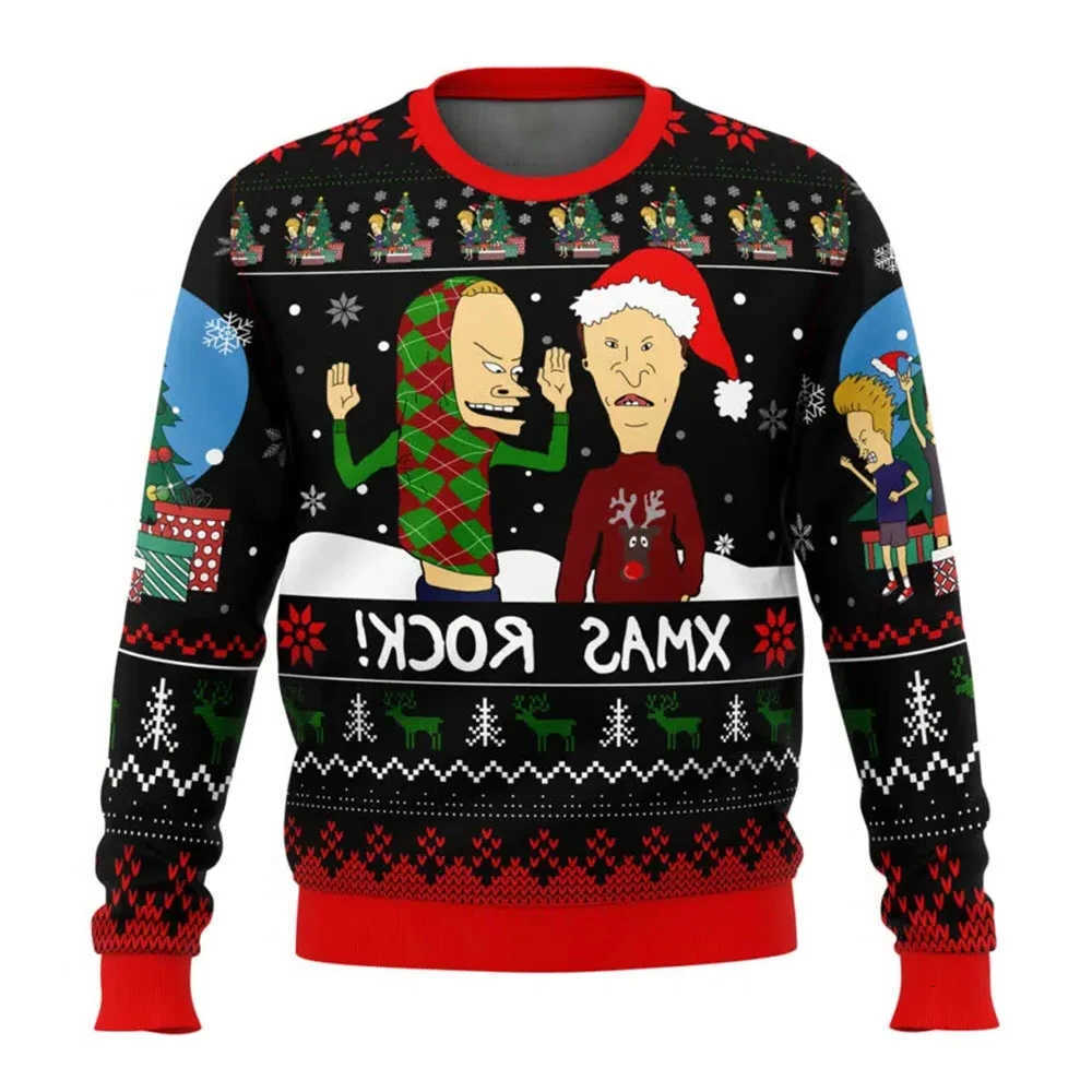 Butthead Christmas And hoodie Beavis Rock On Ugly Christmas Sweater Cartoon Anime Women Men Pullover Tops New Fashion Couple Hoodie Sweatshirt C2609