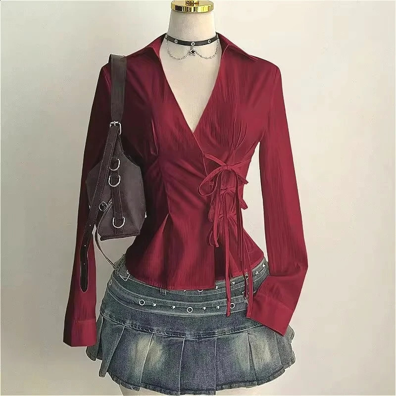 Harajuku Women's Shirt Unique Aesthetic Solid Color Slim Fit Sexy Y2K Girls Tie-Waist Gothic Street Style Casual V-Neck Tops 260917