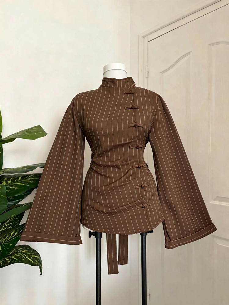 New Chinese-style striped top with diagonal placket, featuring mandarin collar, flared sleeves, cinched waist, and tie detail, a slim-fit long-sleev