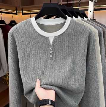 2026 Autumn Henry Take-Leave Two-Piece Men's Sweatshirt - Color-Contrasting Thick and Warm Base Knitted Long-Sleeve T-Shirt for Men