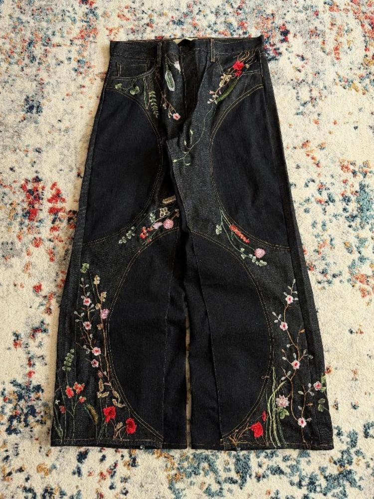 Y2k Floral Embroidery Vintage Women Men Jeans Harajuku Black Washed Wide Leg Oversized Denim Pants Casual Streetwear