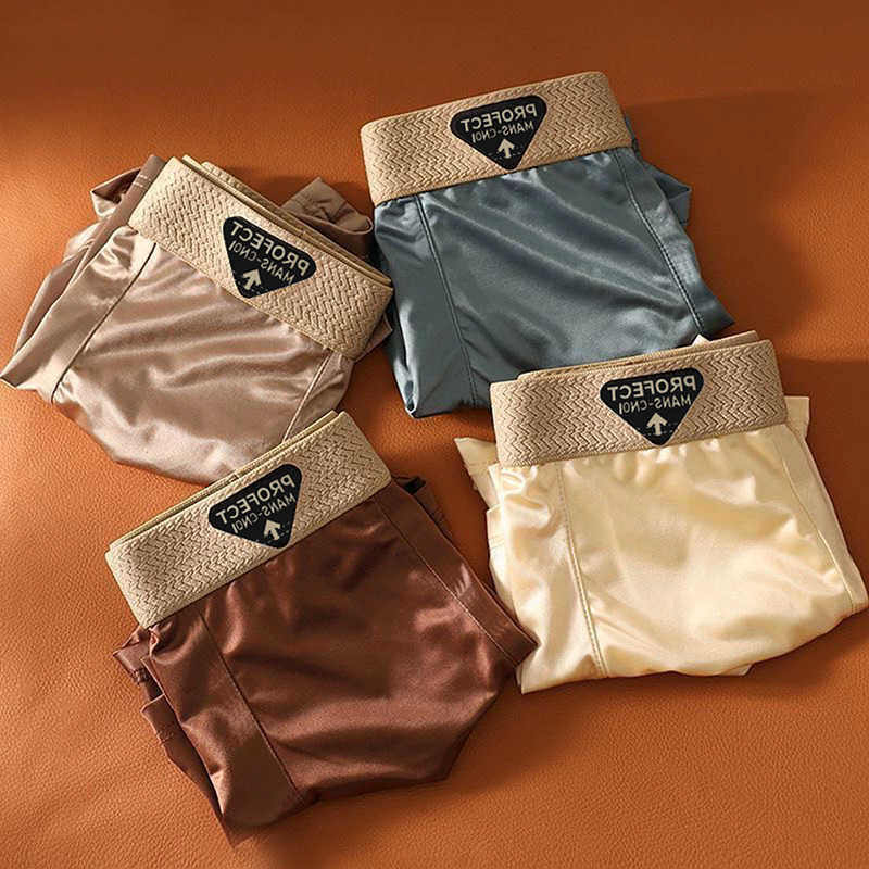Men's Underpants 4-Piece Underwear Of Summer Silk Thin Breathable Ice Silk Flat Angle Pants Solid Color Comfortable Casual Men's Underwear