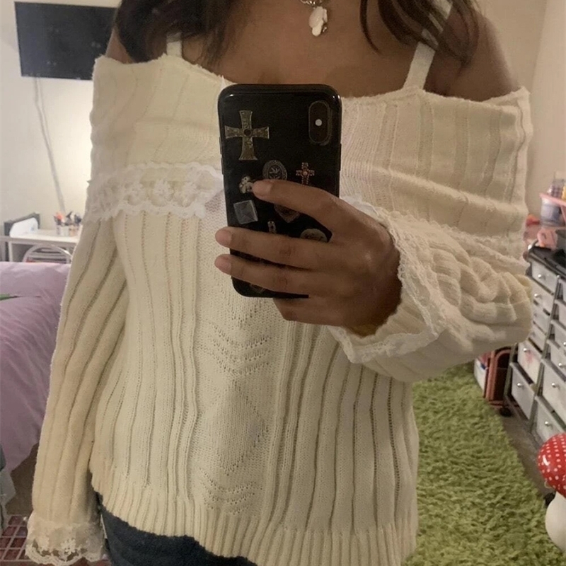 Women Long Sleeve Contrast Lace Knit Pullovers Autumn Winter Cold Shoulder Sweaters Bow Front Jumper Tops BeigePink 260917