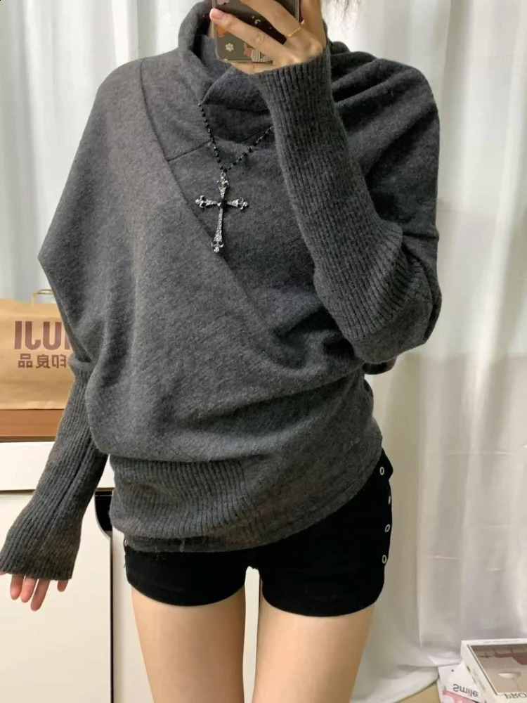 Y2k Irregular Batwing Sleeve Patchwork Pullovers Autumn Winter Lazy Knitted Sweaters Mujer 2026 Slim Fit Top for Women 260917