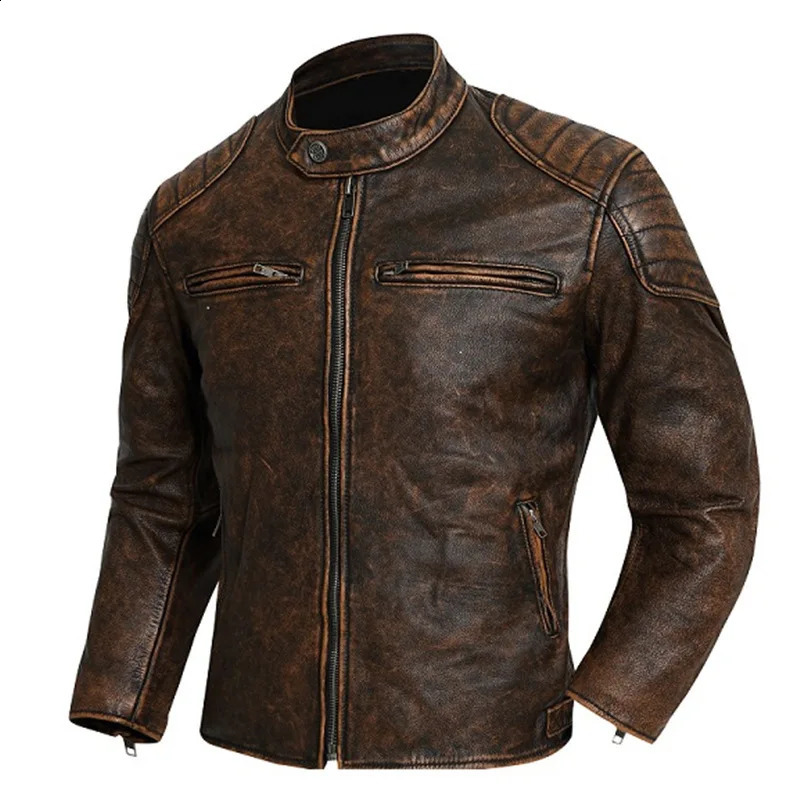 Autumn Winter Youth Mens Cowhide Texture Faux Leather Stand Collar Biker Jacket Retro Color Block Daily Street Casual Outer Coat 260917