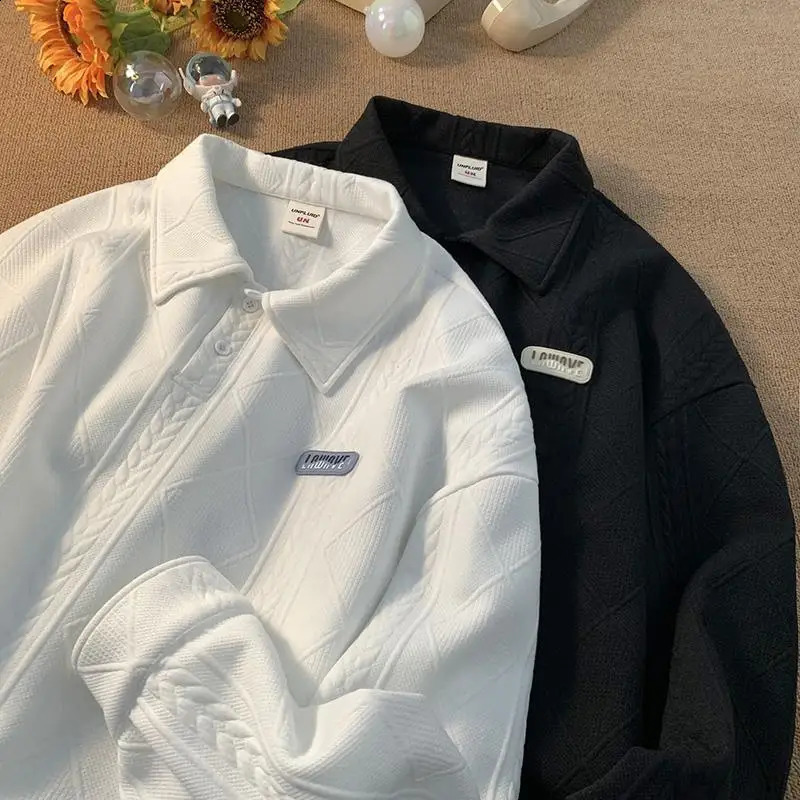 Retro American Polo Neck Sweatshirt Men's Autumn Winter Loose Oversize High-End College Style Turn-down Collar Jacket 260917