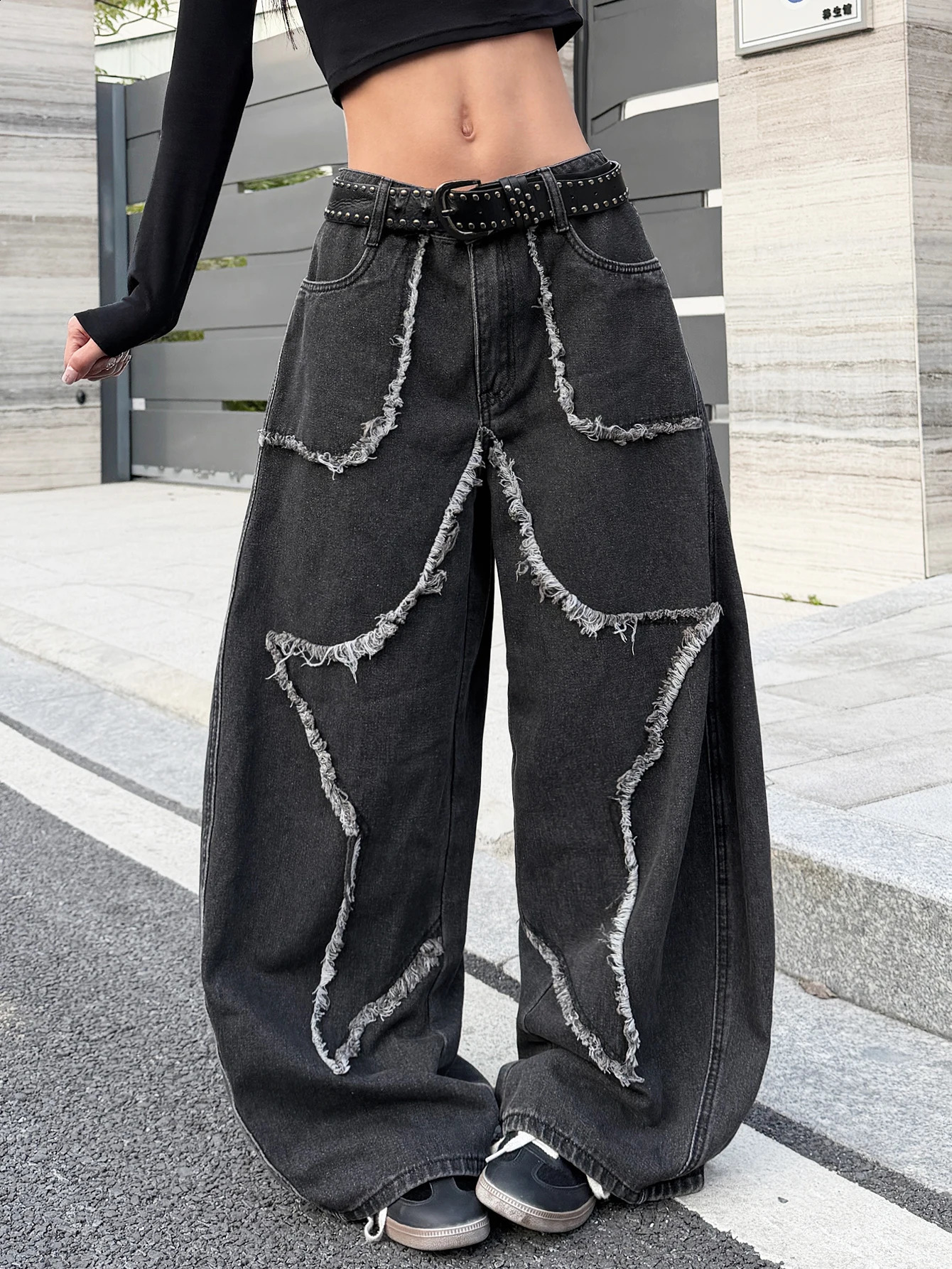 Jeans da donna americani vintage a forma di stella patchwork sfilacciati neri a vita alta jeans larghi a gamba larga Y2K Street Fashion Outfit 26091