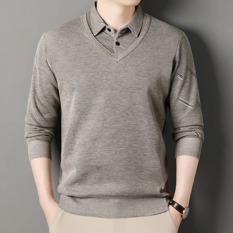 Men's Fleece Lining Sweater Autumn Winter Pullover Polo Shirt Collar Two Piece Thick Warm Top Clothes Casual Knitwear 260917