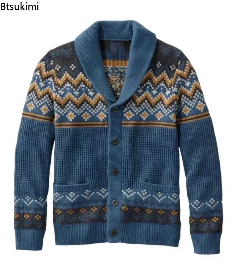 2026 Men's Winter Knitted Sweater Jacket Vintage Jacquard Cardigan Sweaters Lapel Single Breasted Knitted Sweater Coats for Men S26091811KZ