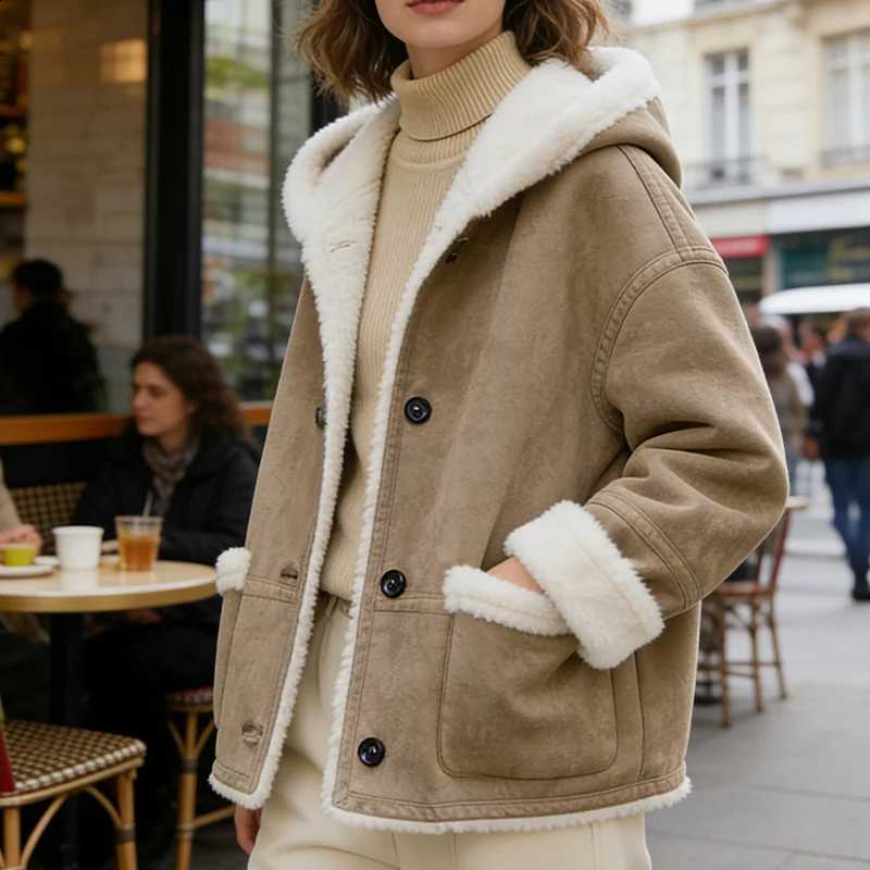Winter Women's Faux Suede Sherpa Lined Coat Solid Casual Loose Hooded Warm Jacket For Daily Wear Street Walk Coffee Shop Hangout H260917
