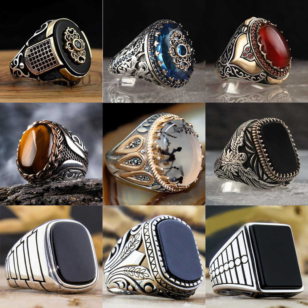 Retro Wedding Men Rings Ring 9 Style Trendy Inlaid Black Zircon Handmade Turkish Punk Ring Metal Carving Pattern Vintage Jewelry Party Gift 230921