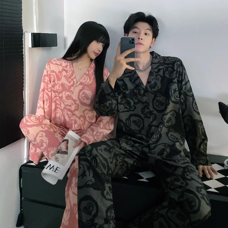 Long Sleeve Couple's Pajamas Set Silk Men's Homewear Suit For Spring Women Cardigan Homewear Fashion Pjs Pyjamas 260917