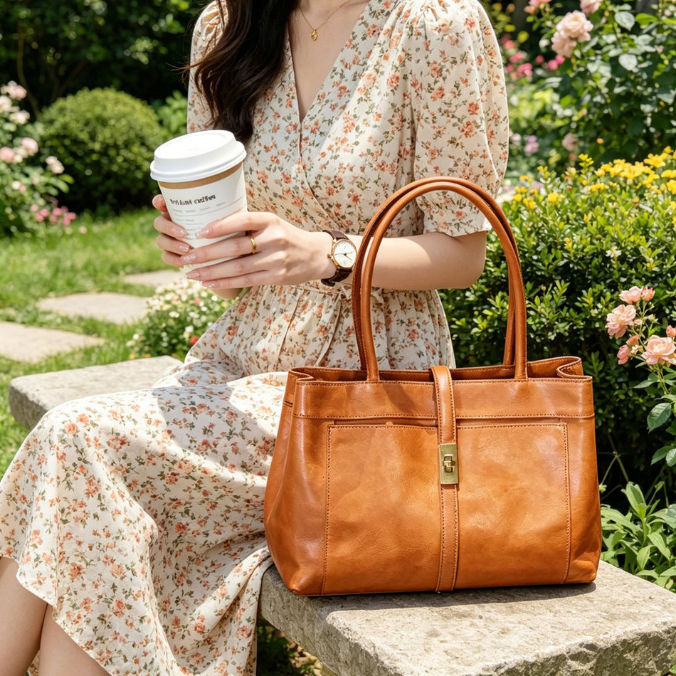 2026 Summer New Vintage Genuine Cowhide Shoulder Handbag, Large Capacity Fashionable Versatile Commuter Bag Noble Temperament Bag