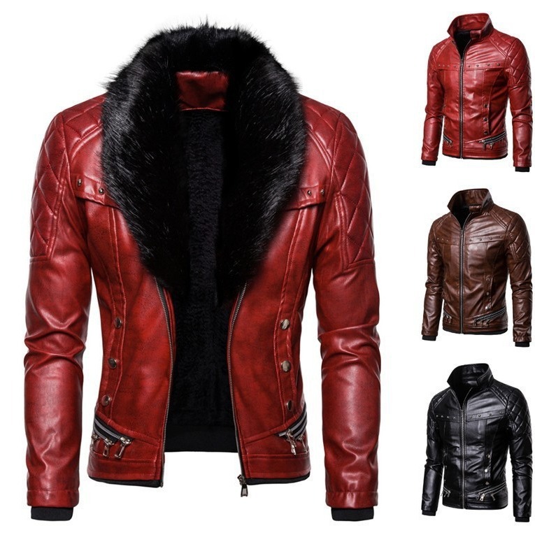 Men's punk detachable fur collar studded padded thick windproof biker leather jacket for men Coat