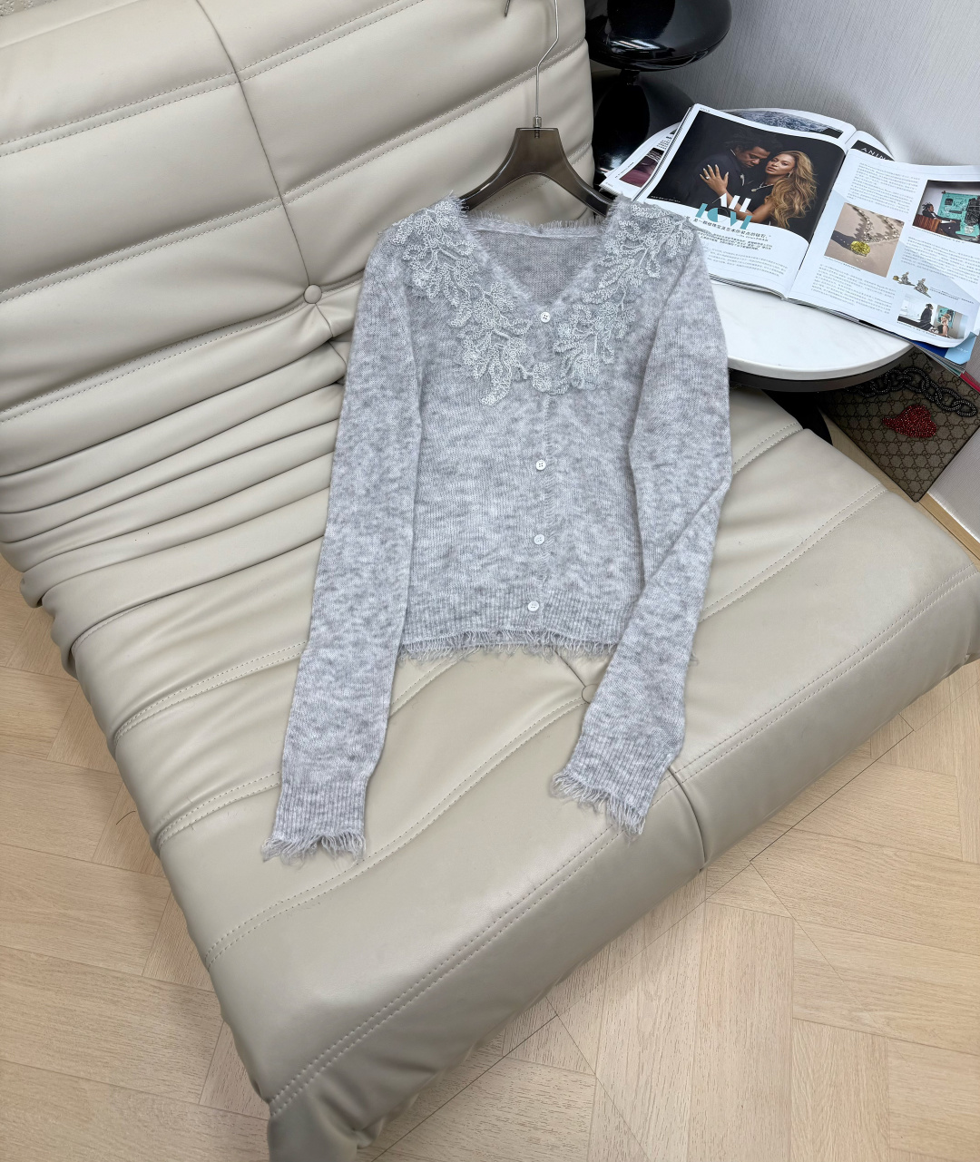 26 Autumn/Winter Lace Splicing Wool Beard Edge Wool Cashmere Knitted Cardigan Small Top