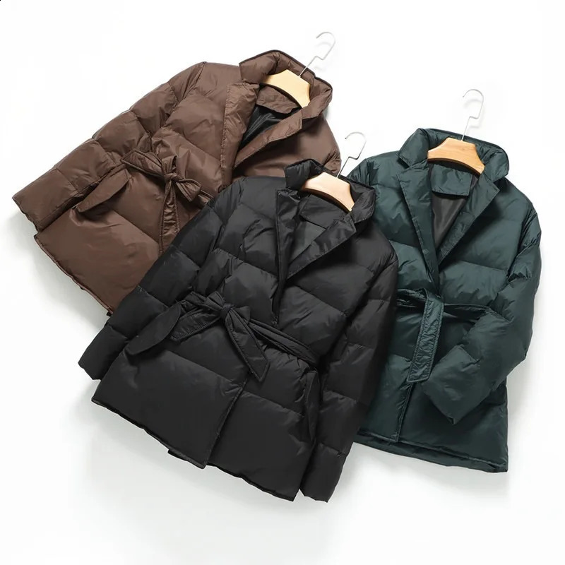 Winter Casual Loose Lace Up Down Jacket Women White Duck Warm Parker Outwears Female Hidden Button Thicken Quilted 260918