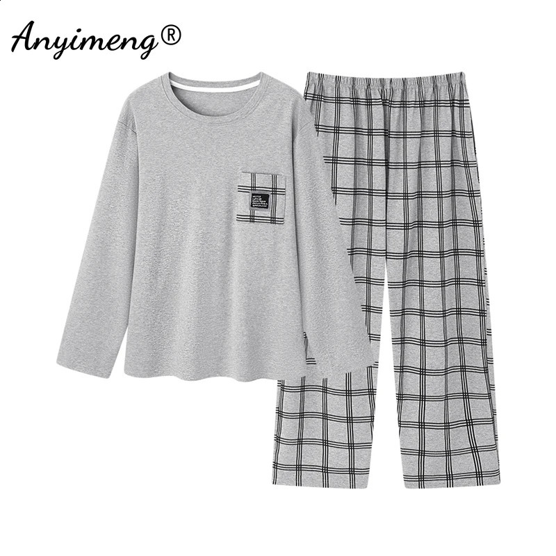 L-6XL Plus Size Big Pajamas Set Fat Man Knitted Cotton Sleepwear Father's Pyjama Homme Long Sleeved Pullover Leisure Home Suits 260917
