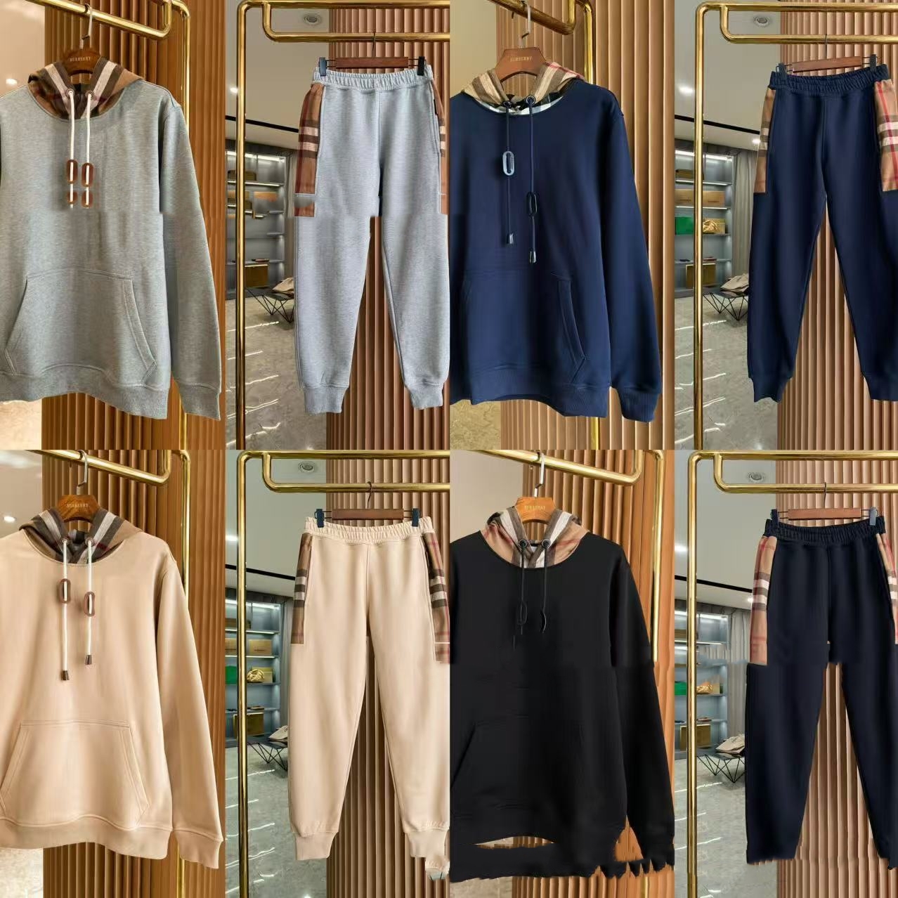 Free shipping, top-quality European and American goods, light luxury color-matched checkered patchwork top and pants, men's casual fleece hoode