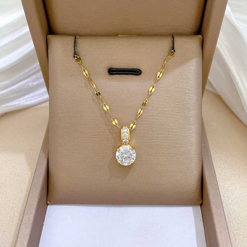 Classic Fashion Gold Color Stainless Steel Round Rhinestone Pendant Necklace for Women Luxury Wedding Bride Collar Jewelry Gift Q260916