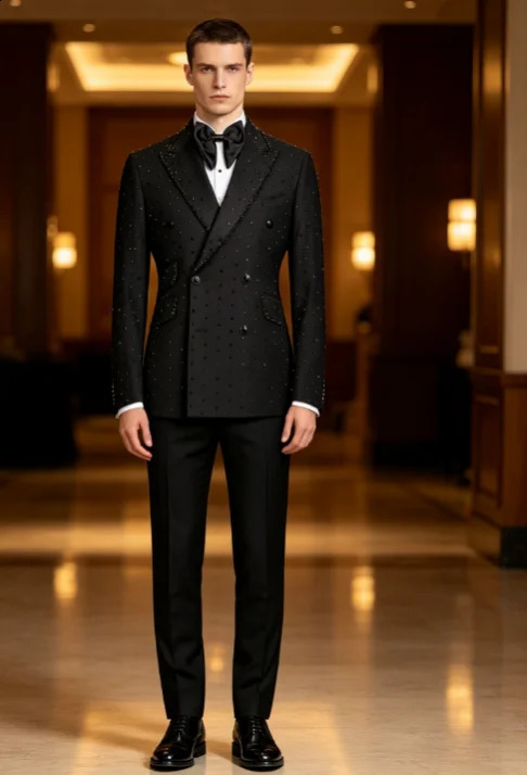 Highqublity Black Shiny Wedding Suits For Men Customized Slim Fit Double Breasted Groom Tuxedos2Pieces Sets trajes para hombre 260918