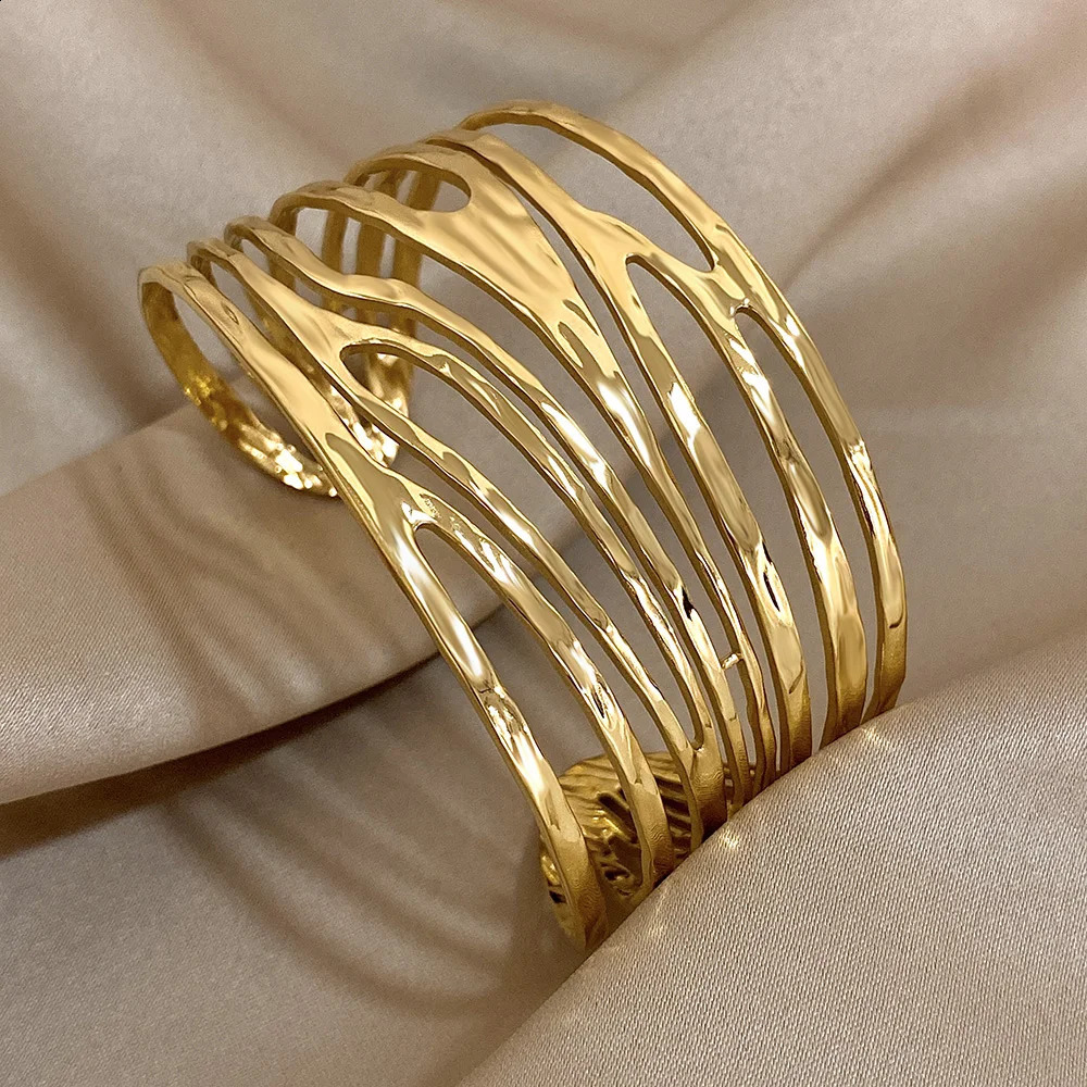 Irregular Geometric Hollow Stainless Steel Cuff Bracelet Exaggerated Gold Silver Color Wide Open Bangles Waterproof Jewelry 260917