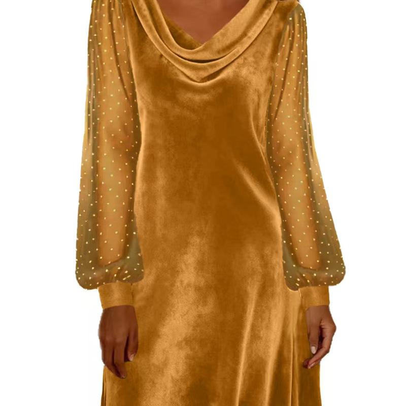 Designer Bestseller Women's 2026 Solid V-Neck Mesh A-Line Dress Long Sleeve Sequin Casual Party Streetwear Plus Size S-5XL Spring New Arrival