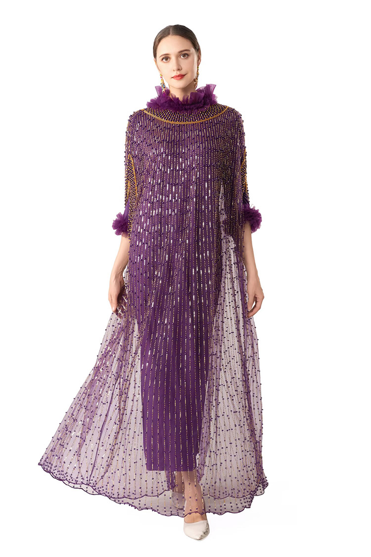One Free Size Runway Dress Women Stand Collar Three Quarter Sleeve Fashion Sequins Beading Loose Robe Vestidos Party Holiday