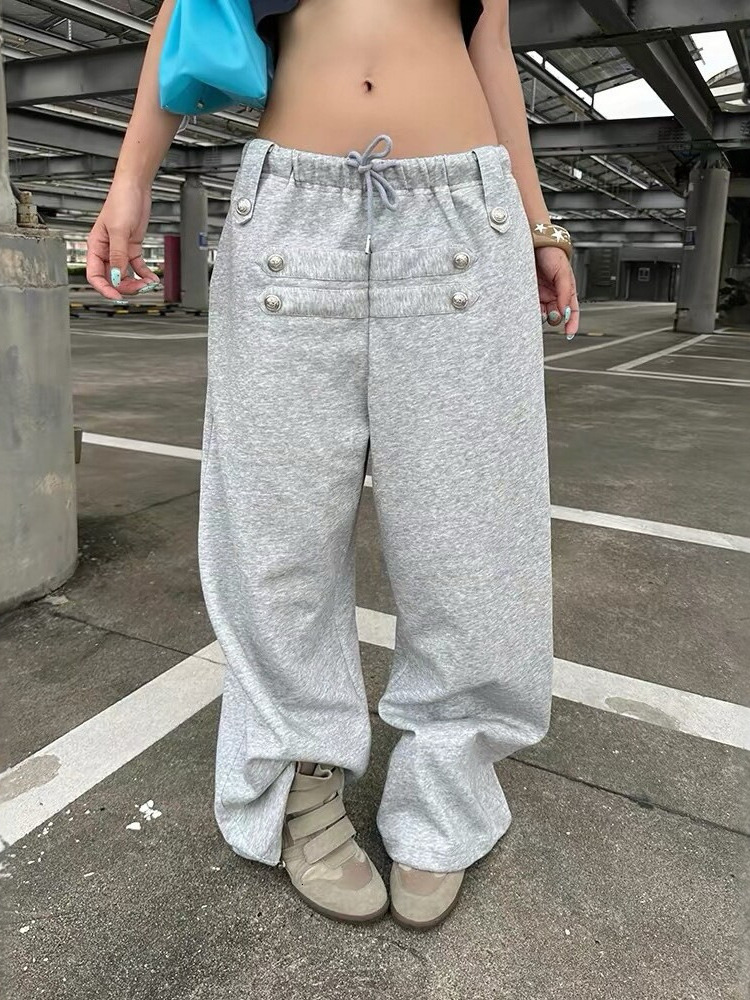 2026 Korean-style punk street striped button patchwork design, unisex, versatile long pants 68