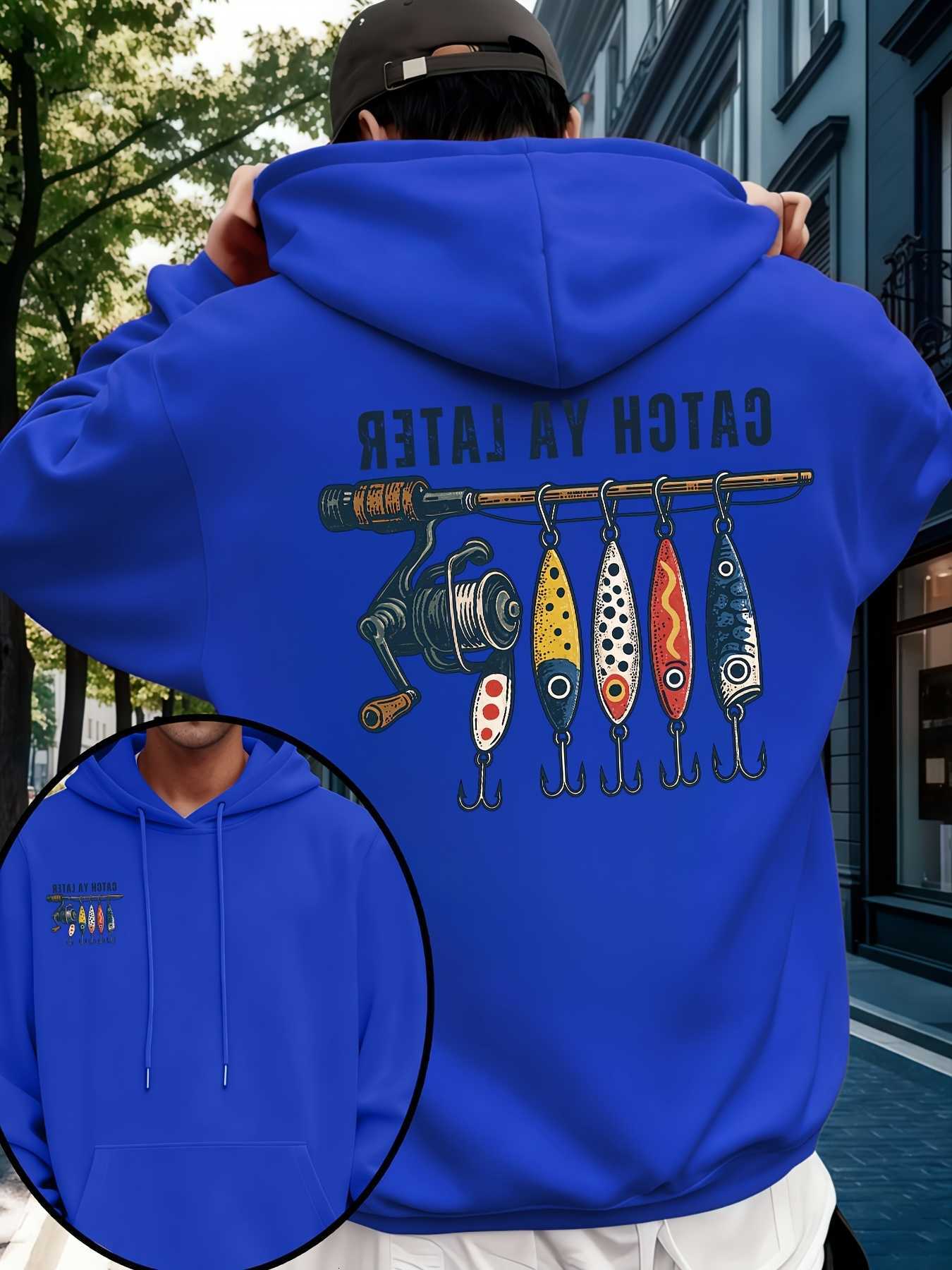 hoodie Men Sport Hip Christmas Hop Hoodie "Catch Ya Later" Fishing Lure Graphic Fleece Lined Sweatshirt for Urban Street Style and Cold We