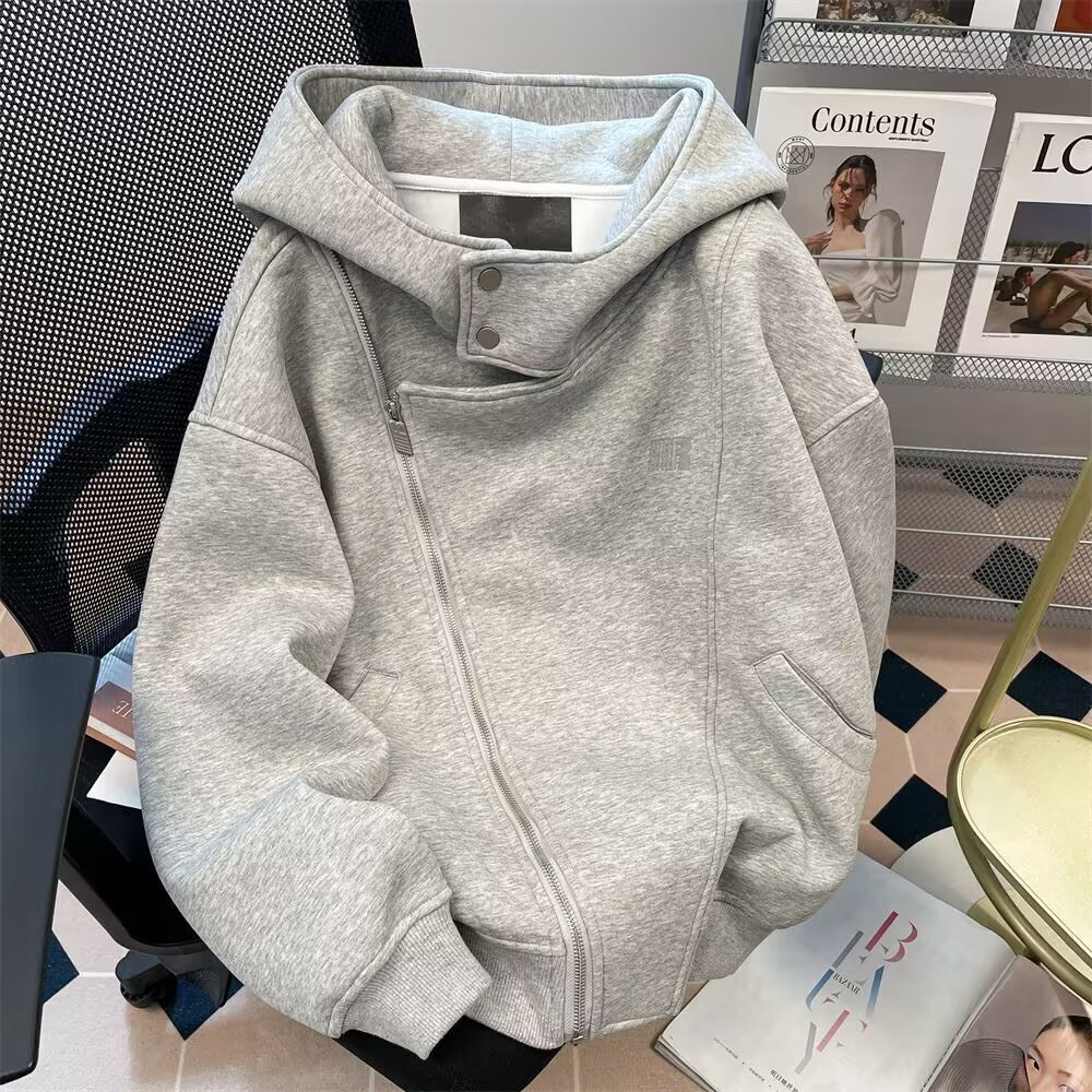 Gray asymmetrical double zipper hooded sweatshirt for men new spring collection solid color top casual outerwear