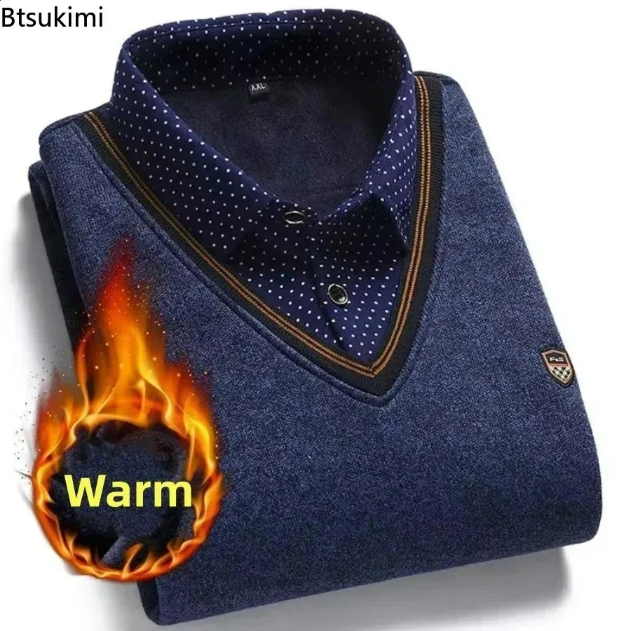2025 Autumn Winter Men's Wool Shirt-Neck Sweater Fashionable Plaid Solid Thickened Warm Fleece High Quality Versatile Casual 260917