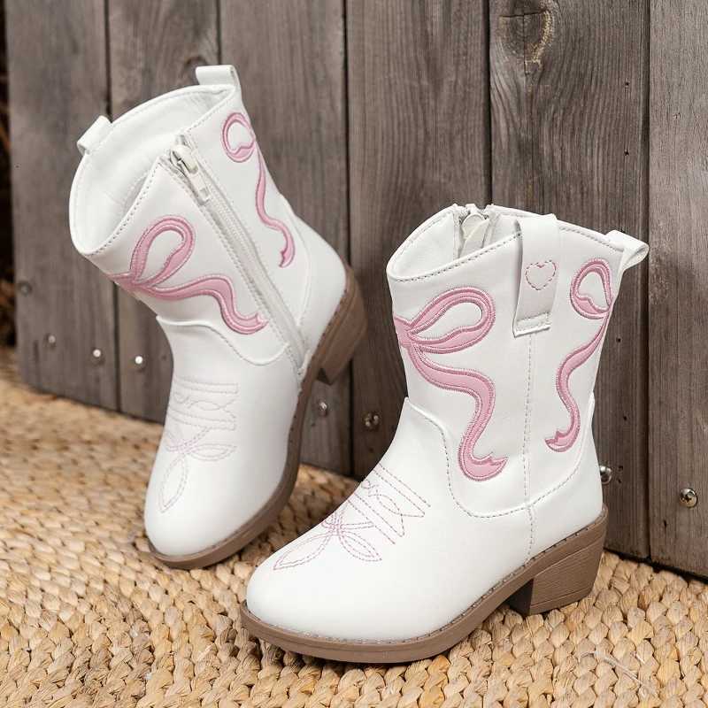 Kids Ankle Boots Kids White Western Cowboy Mid-calf Boots with Pink Embroidery Stylish Toddler Shoes Girls Princess Knight Boots X260917