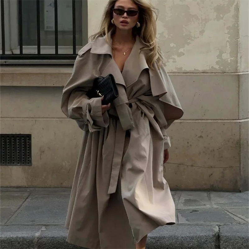 Women Casual Lace Up Long Trench Coat Chic Solid Color Full Sleeve Lapel Windbreaker 2026 Fall Fashion Loose Commute Jackets 260917