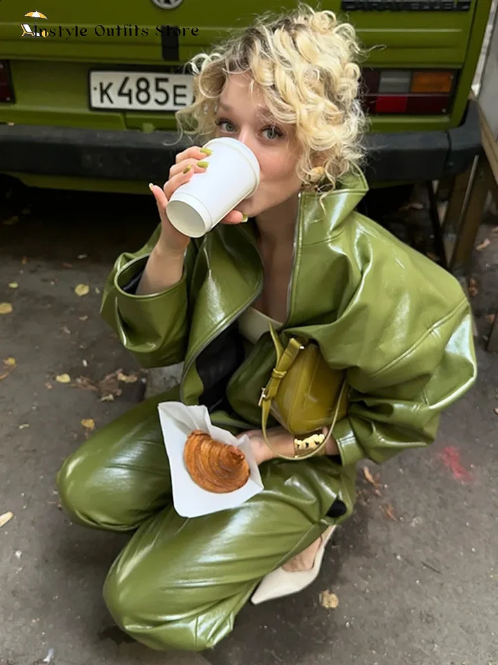 Vintage Green Leather Skirts Jackets Suit Womens Slim Zipper Coat With Pocket Split Skirt 2026 Winter Autumn Ladies Outwear 260918
