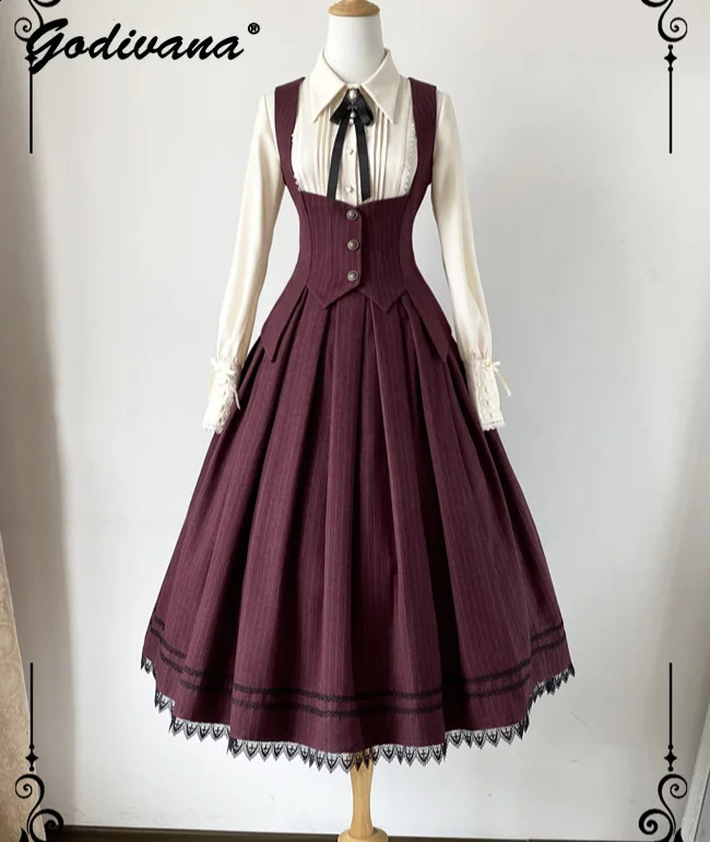 Spring Autumn Retro Women's Top and Skirt Set Outfits Elegant Chest Support Dovetail Vest Long Sleeve Shirt SK Striped Skirt 260917