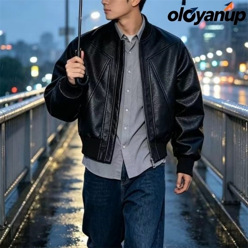 Men's Short American Retro Spliced Faux Leather Bomber Jacket ColorBlock Motorcycle Loose Outerwear for Autumn Daliy Wear 260917