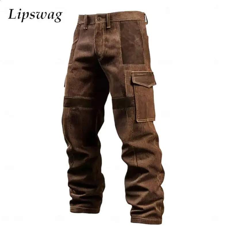 Outdoor Casual Loose Straight Cargo Pants Men 2026 Summer Vintage Contrast Color Patchwork Trousers Mens Fashion Corduroy Pants 260917