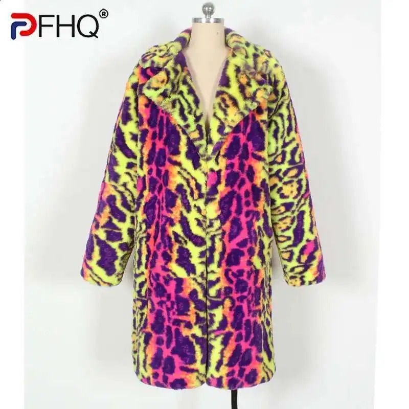 PFHQ Mens Faux Fur Coat Autumn Winter Warm Plush Jacket Leopard Print Contrast Color Long Sleeve Male Tops 21Z8047 260918