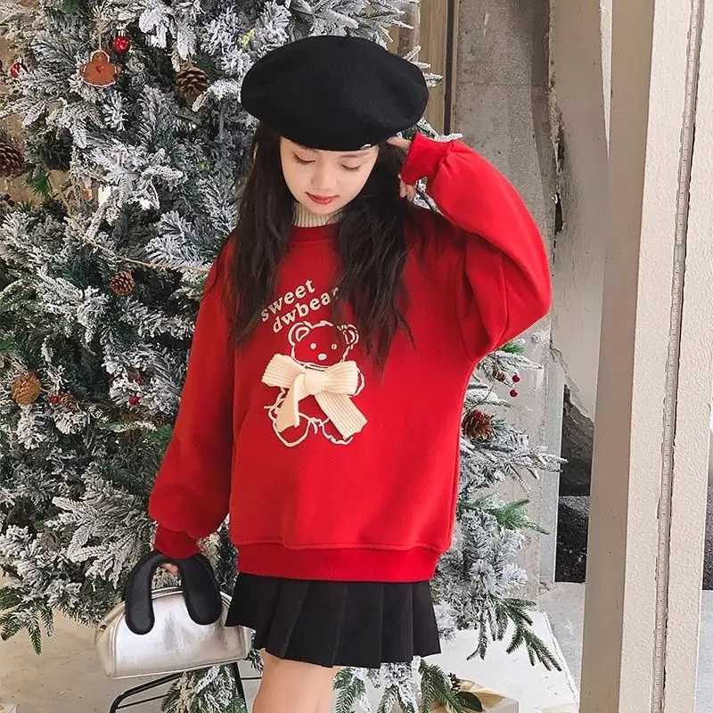 2025 New Autumn/Winter Red Girls' Fleece Li Fake Two-Piece Semi-High Collar New Year Sle Kids SweatshirtW260917