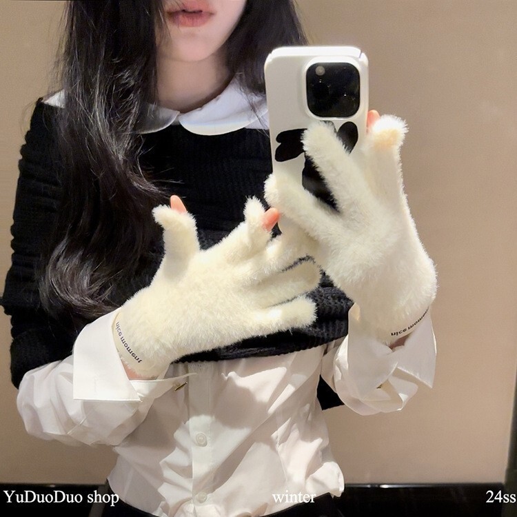 Touchscreen-compatible plush gloves women, versatile winter, long style, thickened for warmth, fingerless design, with Korean letter patches