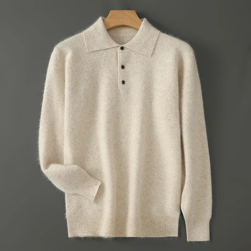 100% Mink Cashmere Sweater Men's POLO Collar Thickening Pullover Autumn Winter Cashmere Knitted Tops Casual Large Size Shirt 260917